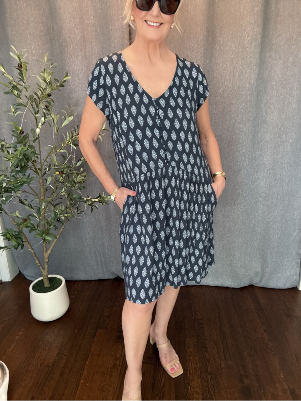 Garnet Hill Navy Printed V-Neck Midi Dress